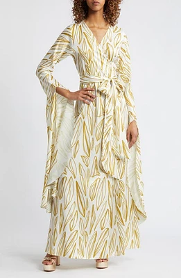 DIARRABLU Maya Exaggerated Long Sleeve Fiore Print Jacquard Wrap Dress Gold at Nordstrom,