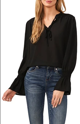 CeCe Tie Neck Ruffle Cuff Long Sleeve Top in Rich Black at Nordstrom, Size X-Large