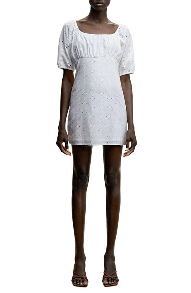 MANGO Broderie Anglaise Puff Sleeve Cotton Dress in White at Nordstrom, Size 10