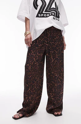 Topshop Animal Print Wide Leg Drawstring Pants Brown at Nordstrom, Us