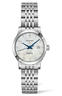 Longines Record Diamond Bracelet Watch, 30mm in Silver/Mop/Silver at Nordstrom