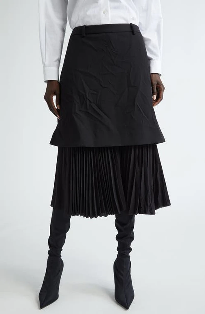 Balenciaga Pleated Mixed Media Layered Midi Skirt Black at Nordstrom, Us