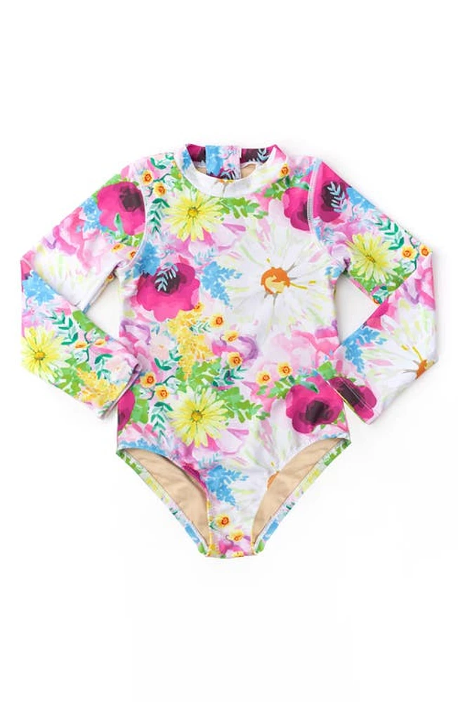 Shade Critters Kids' Watercolor Floral Long Sleeve One-Piece Rashguard Swimsuit Pink Multi at Nordstrom,