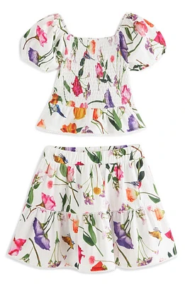 Baker by Ted Kids' Floral Print Shirred Top & Skirt Set White at Nordstrom,