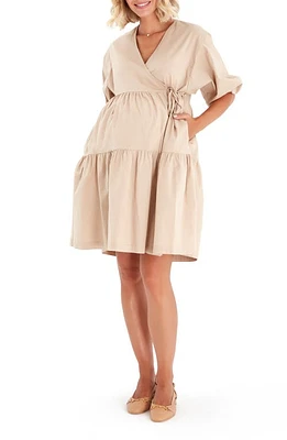 Accouchée Tie Waist A-Line Maternity/Nursing Wrap Dress in Beige at Nordstrom