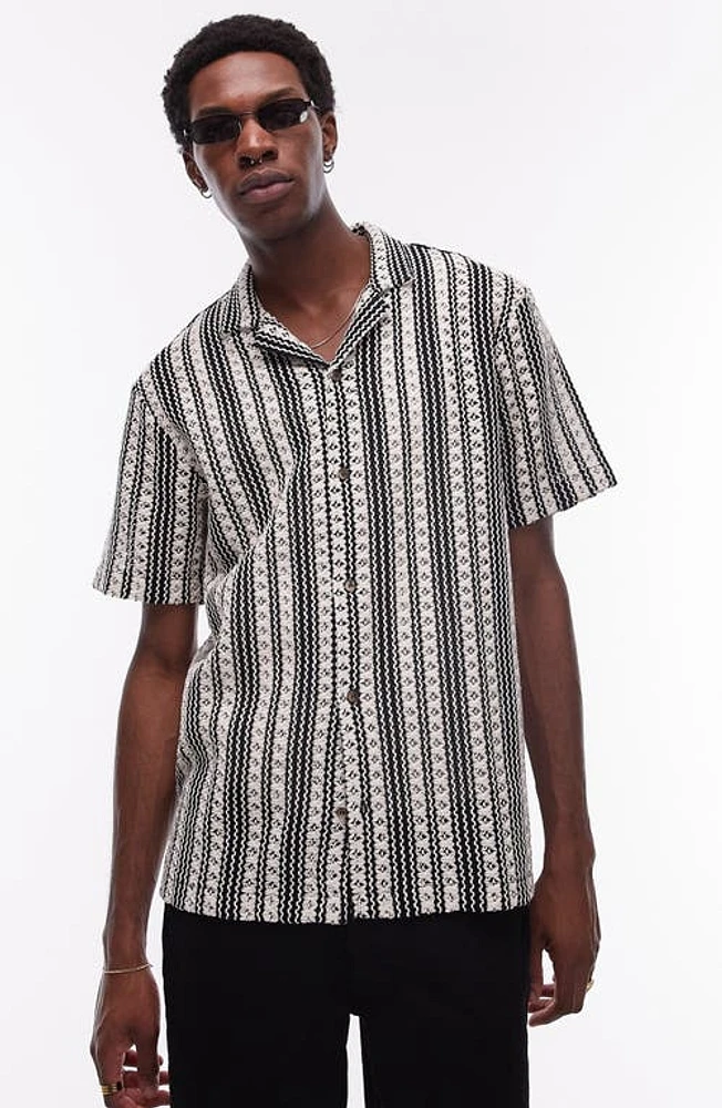 Topman Relaxed Fit Crochet Stripe Camp Shirt Black at Nordstrom,