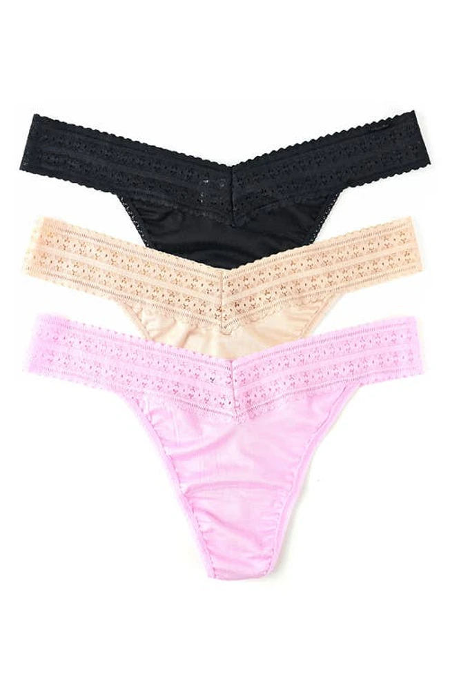 Hanky Panky Dream Lace Trim Thong - Pack of 3 in Pink/Black/Beige at Nordstrom