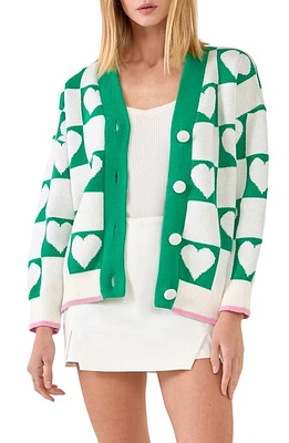 English Factory Heart Jacquard Cotton Cardigan in White/Green at Nordstrom, Size Small