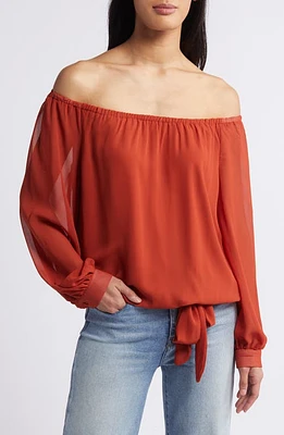 Vince Camuto Tie Detail Off the Shoulder Chiffon Top Rustic at Nordstrom,