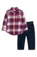 Little Me Plaid Button-Up Shirt & Jeans Set Blue at Nordstrom,