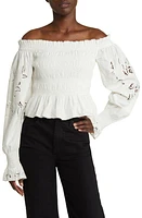 AllSaints Lara Smocked Eyelet Embroidered Off the Shoulder Top Chalk White at Nordstrom,