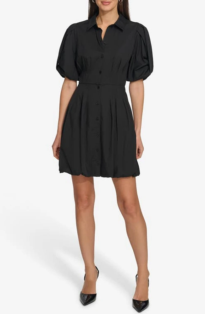 DKNY Puff Sleeve Mini Shirtdress Black at Nordstrom,