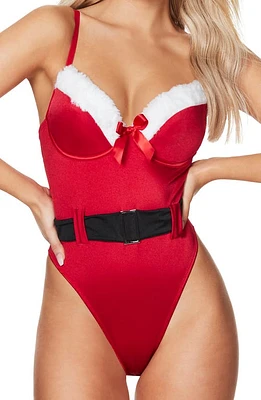 Oh La Cheri Holiday Vixen Underwire Satin & Faux Fur Bodysuit Red/Bright White at Nordstrom,