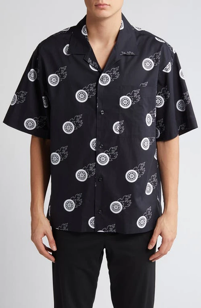 HUGO Egeeno Flaming Tire Print Camp Shirt Black at Nordstrom,