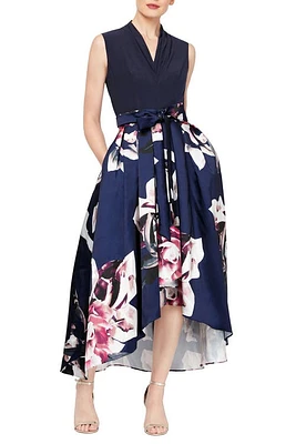 SLNY Floral Pleated High-Low Dress in Navy Multi at Nordstrom, Size 14