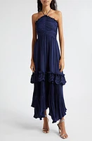 Ramy Brook Dulce Eyelet Ruffle Plissé Halter Maxi Dress in Spring Navy at Nordstrom, Size Large