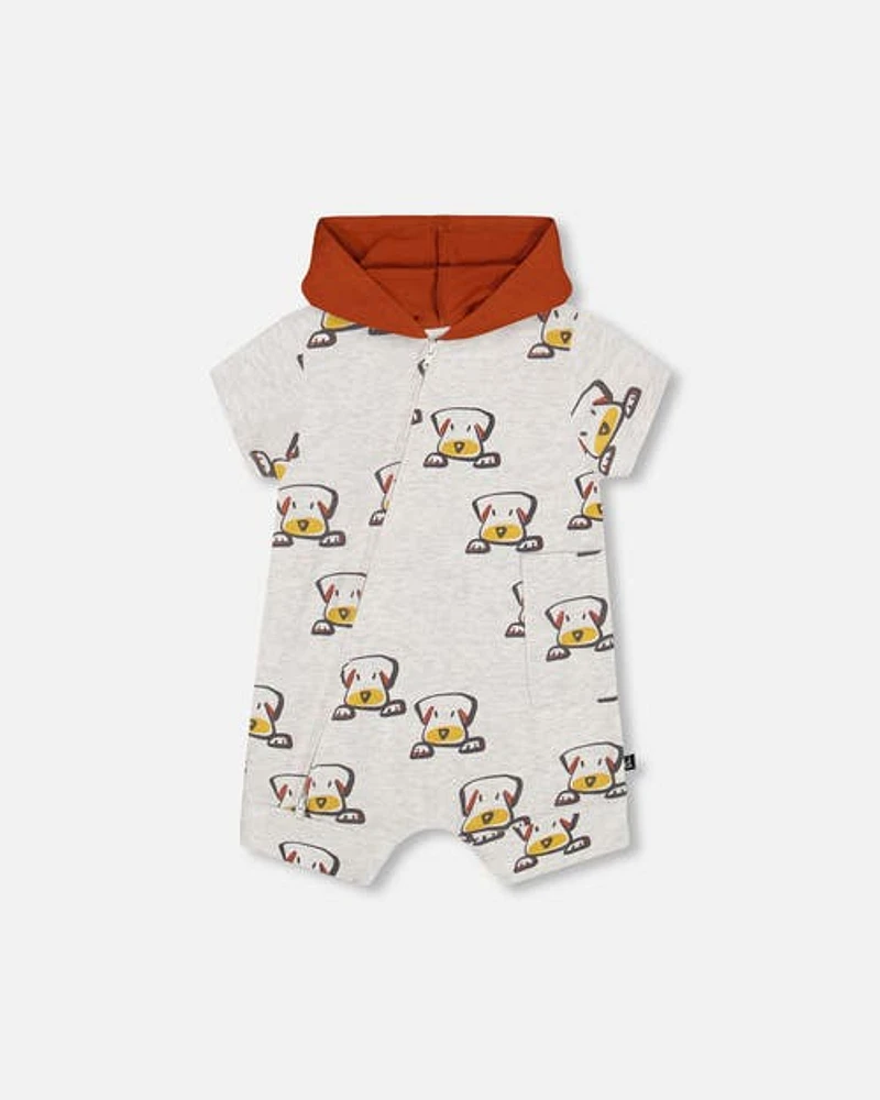 Deux Par Deux Baby Boy's Organic Cotton Hooded Romper Heather Beige With Printed Dog in Heather Beige Printed Dog at Nordstrom