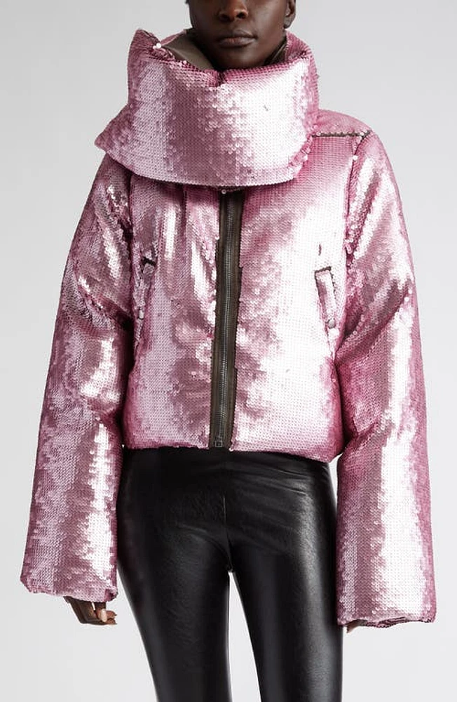 Rick Owens Sequin Funnel Neck Down Jacket Dust/Pink at Nordstrom, Us