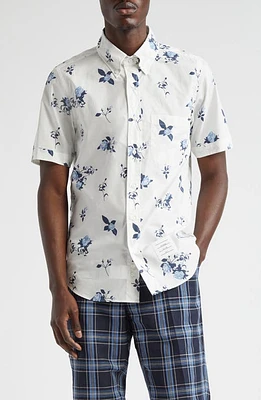 Thom Browne Straight Fit Floral Short Sleeve Cotton Poplin Button-Down Shirt White/Blue at Nordstrom,