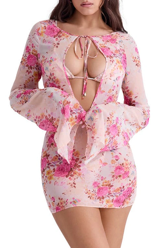 HOUSE OF CB Oceana-A Sheer Long Sleeve Cover-Up Minidress Floral Print at Nordstrom,