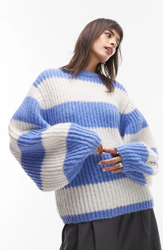 Topshop Stripe Balloon Sleeve Sweater Blue Multi at Nordstrom,