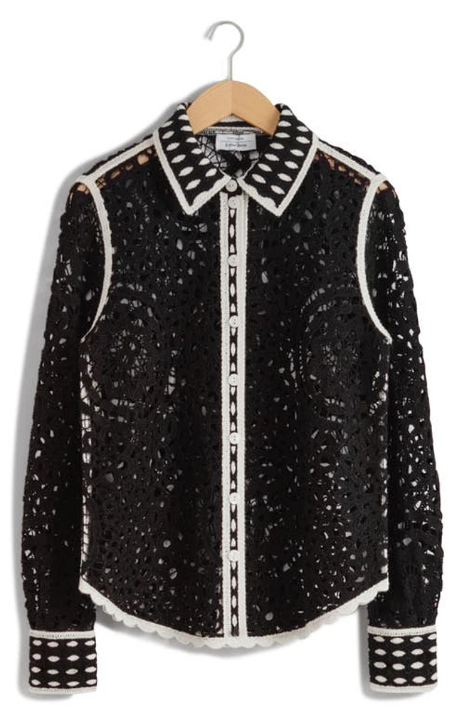 & Other Stories Wool Cotton Lace Button-Up Shirt Black Dark at Nordstrom,