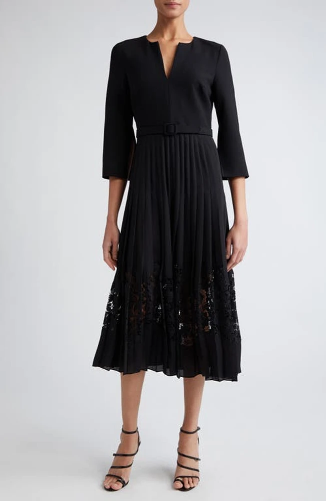 Oscar de la Renta Pleated Skirt Mixed Media Midi Dress Black at Nordstrom,