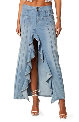 EDIKTED Valencia Ruffle Slit Front Denim Maxi Skirt Blue at Nordstrom,