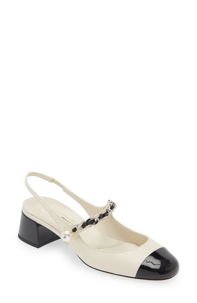 Miu Chain Strap Slingback Cap Toe Pump Avorio/Nero at Nordstrom,