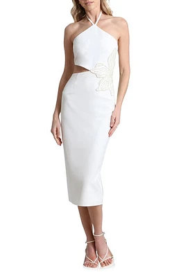 Avec Les Filles Floral Appliqué Cutout Halter Midi Dress White at Nordstrom,