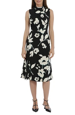 Maggy London Floral Mock Neck Midi Dress Black/Cream at Nordstrom,