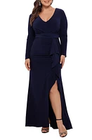 Betsy & Adam Ruffle Side Slit Long Sleeve Gown Navy at Nordstrom,