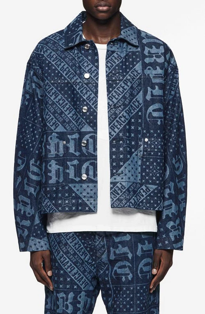 PURPLE BRAND Laser Flag Denim Chore Jacket Mid Indigo at Nordstrom,