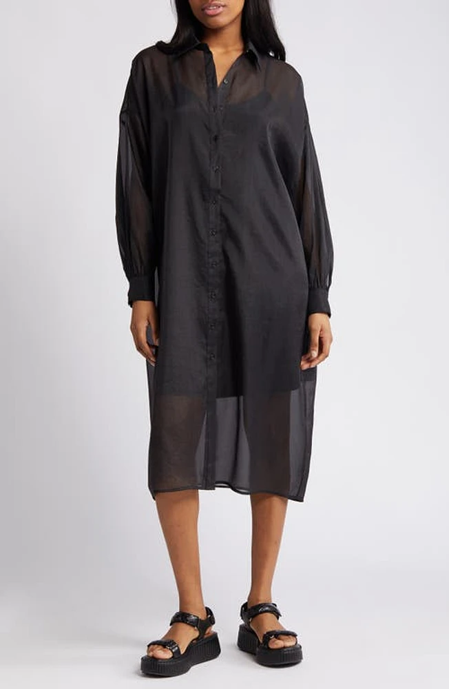 Dressed Lala Barely There Long Sleeve Semisheer Shirtdress Black at Nordstrom,