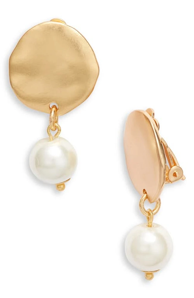 Karine Sultan Hammered Disc Imitation Pearl Clip-On Drop Earrings in Gold at Nordstrom