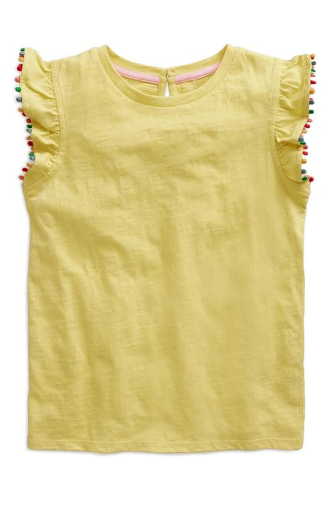 Mini Boden Kids' Pompom Trim Ruffle Sleeve Cotton T-Shirt Zest Yellow at Nordstrom,