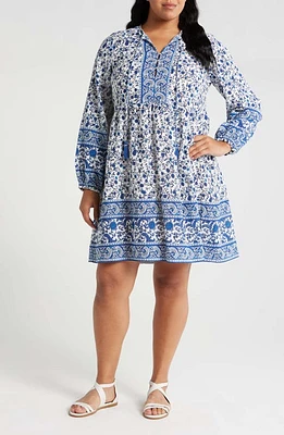 VERO MODA CURVE Milan Long Sleeve Organic Cotton Tunic Dress Snow White Mazarin Blue at Nordstrom,