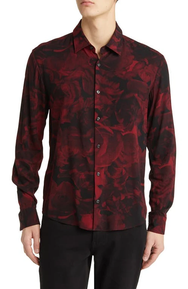 BOSS Ermo Floral Button-Up Shirt Dark Red at Nordstrom,