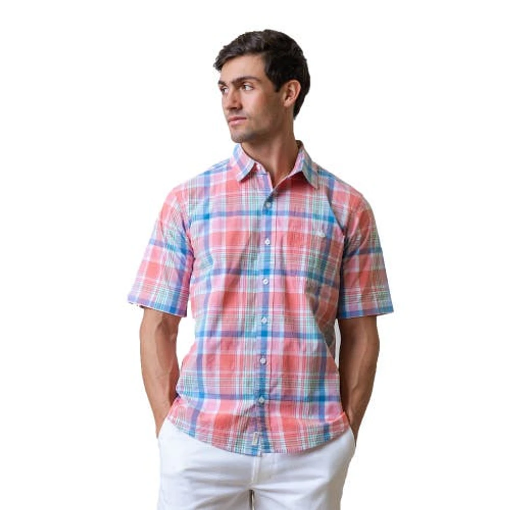 Hope & Henry Mens' Stretch Poplin Short Sleeve Button Down Shirt in Bright Spring Plaid Poplin at Nordstrom