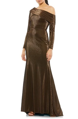 Mac Duggal Metallic One-Shoulder Long Sleeve Trumpet Gown Chocolate at Nordstrom,