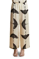 Khaite Mindy Crane Print Wide Leg Cupro Pants Cream/Black at Nordstrom,