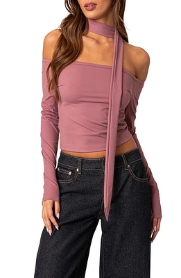 EDIKTED Off-the-Shoulder Long Sleeve Crop Top & Scarf Mauve at Nordstrom,