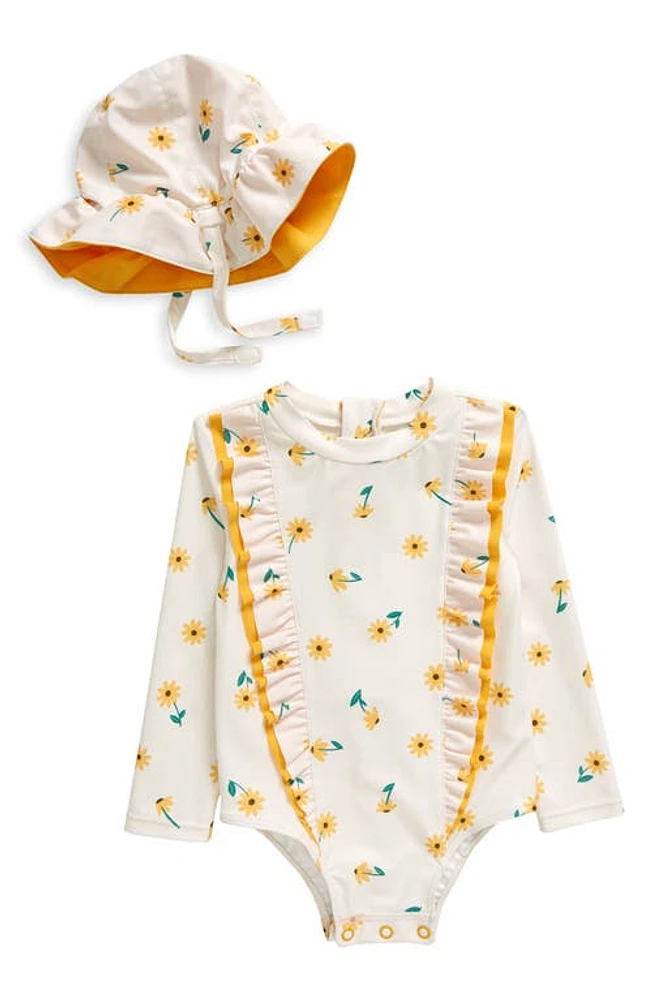 Tucker + Tate Floral Ruffle Long Sleeve One-Piece Rashguard Swimsuit & Sun Hat Set at Nordstrom,