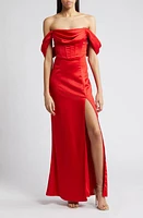 Lulus Exquisite Stunner Off the Shoulder Satin Gown Red at Nordstrom,