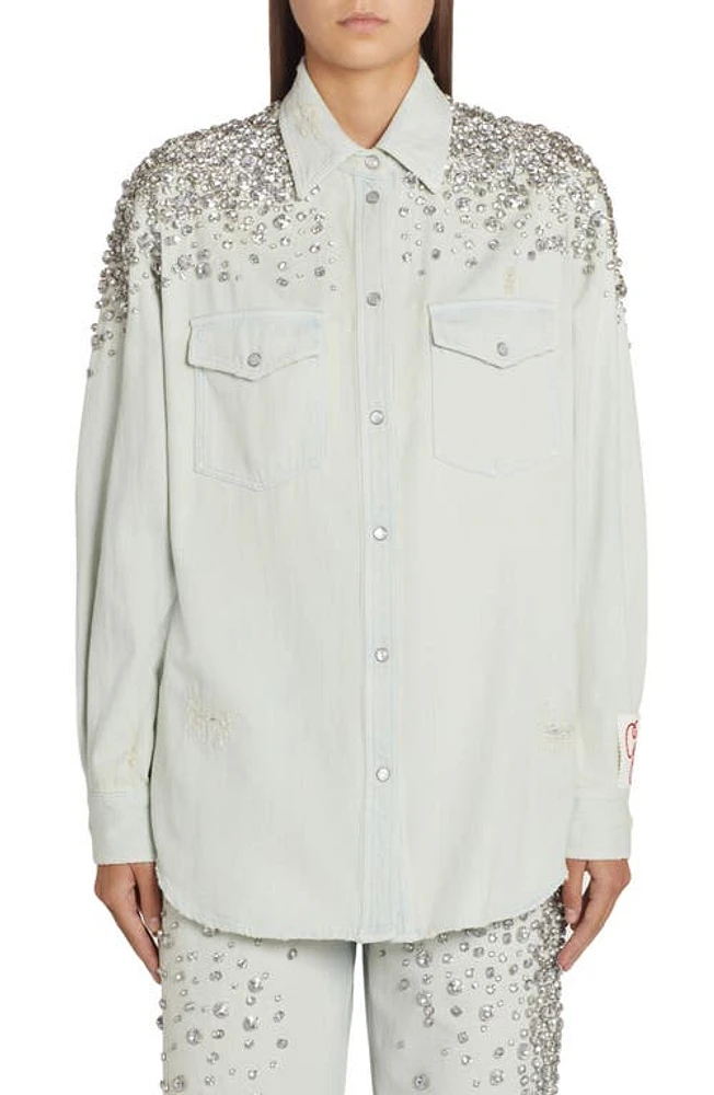 Golden Goose Crystal Embellished Boyfriend Denim Shirt in Blue at Nordstrom, Size X-Small