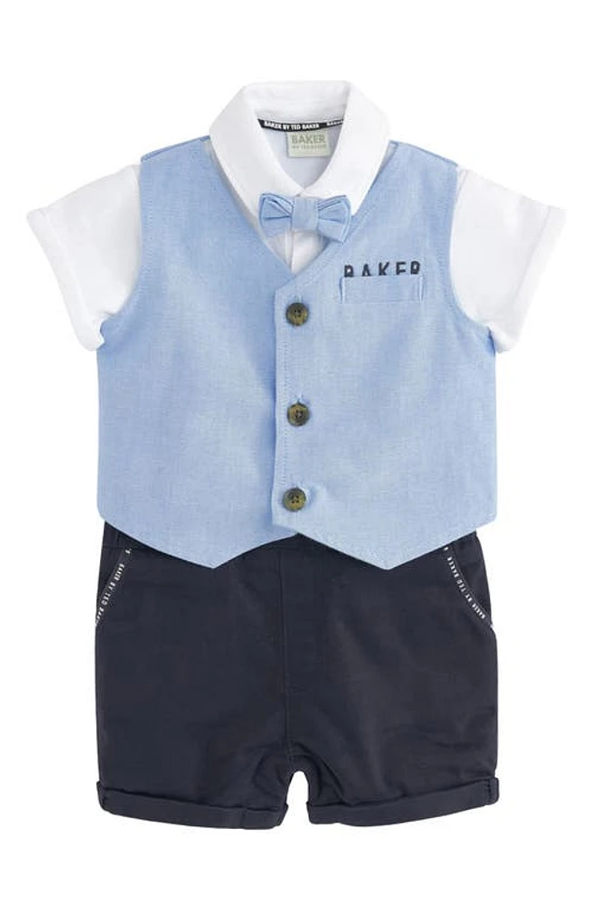 Baker by Ted Faux Three-Piece Cotton Romper & Bow Tie Set Blue at Nordstrom,