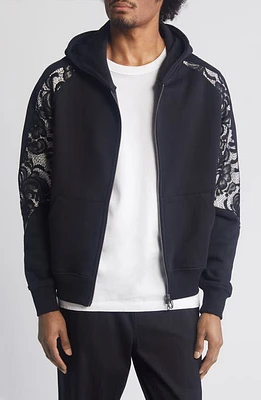 JUNGLES Lace Inset Zip-Up Hoodie Black at Nordstrom,