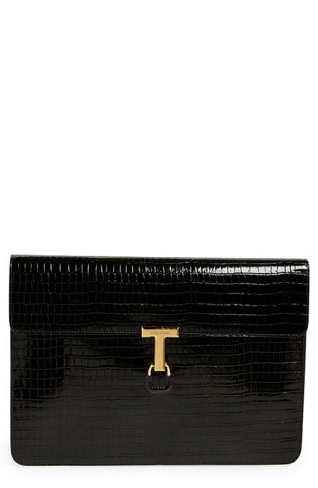 TOM FORD T-Clasp Croc Embossed Leather Portfolio in Black at Nordstrom