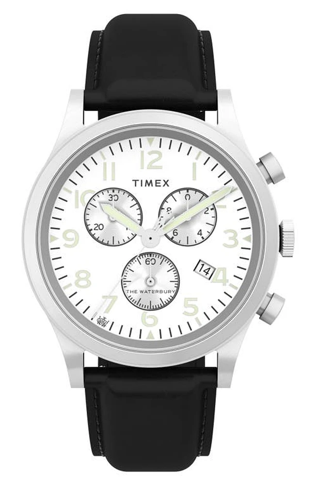 Timex Waterbury Traditional Chronograph Leather Strap Watch, 42mm in Black at Nordstrom