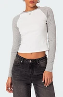 EDIKTED Raya Long Sleeve Crop Cotton Baseball T-Shirt White/grey at Nordstrom,